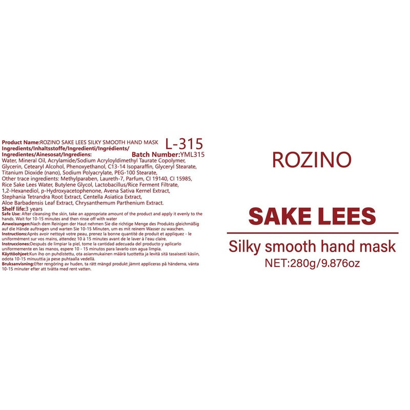 ROZINO Sake Lees Hand Mask - Silky Smooth Formula for Hand Skin Care & Moisturization - 280g Net Weight