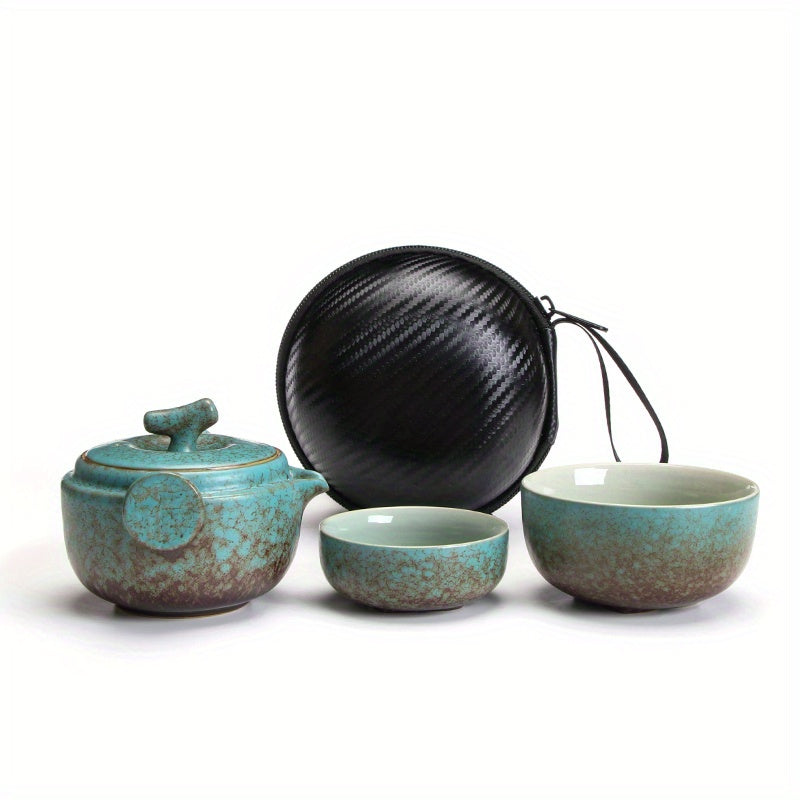 One Pot and Two Cup Set Box, Including Carrying Bag, Peacock Green Color, Portable Travel Tea Set, Outdoor Travel Single Tea Set, Simple Teapot Camping Fast Cup, Carry-on Cup Travel Tea Cup