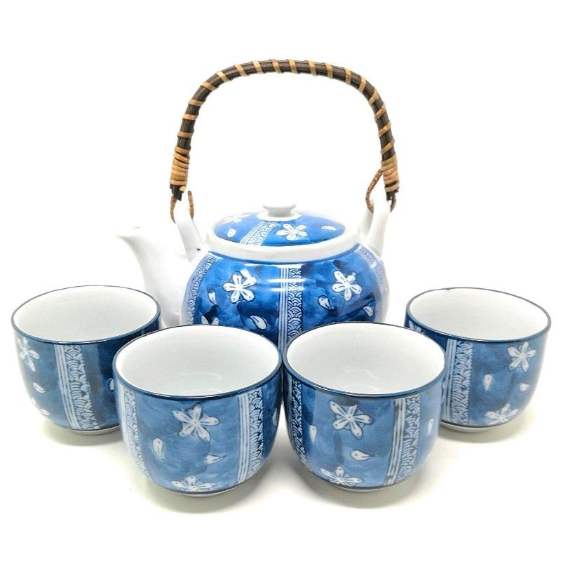 Chinese Japanese Porcelain Tea Set with Blue Flower Design, Handmade Traditional Tea Ceremony Set with Teapot and 4 Teacups