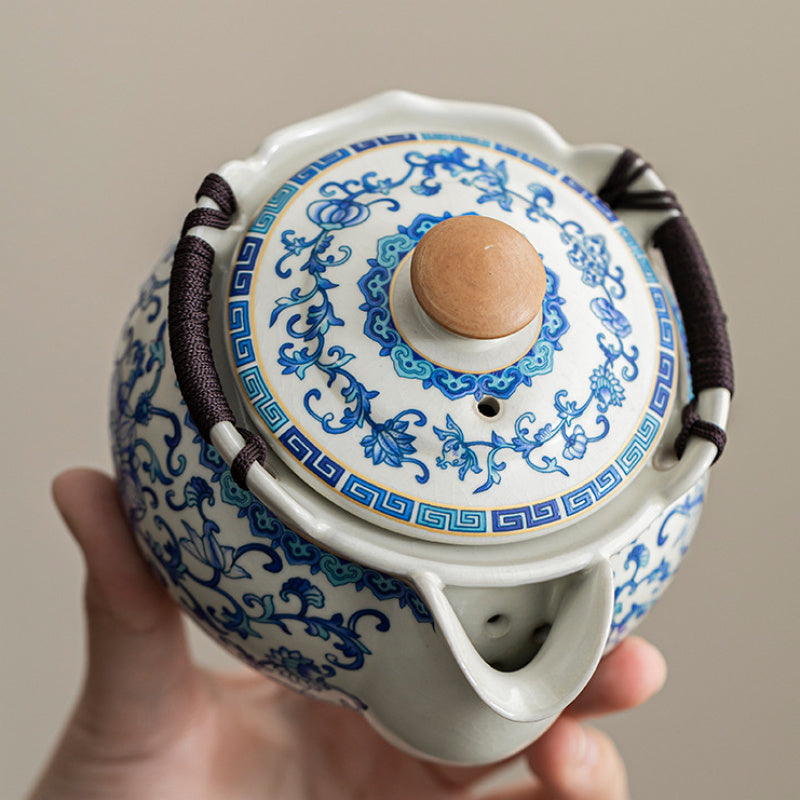 Classic Beige Ru Kiln Blue And White Lotus Ceramic Kung Fu Teapot, Featuring a Hemp Rope Woven Anti-Scald Design. Ideal for Home Or Office Use And Decoration, Perfect As a Holiday Gift for Friends