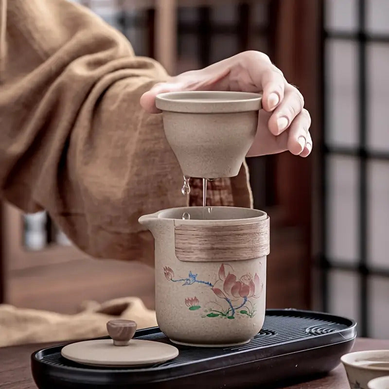 4pcs Coarse Ceramic Quick Cup Set, One Ceramic Bowl, Three Ceramic Cups Travel Tea Set, Portable for Outdoor Camping, Tea Brewing, Business Companion Gift