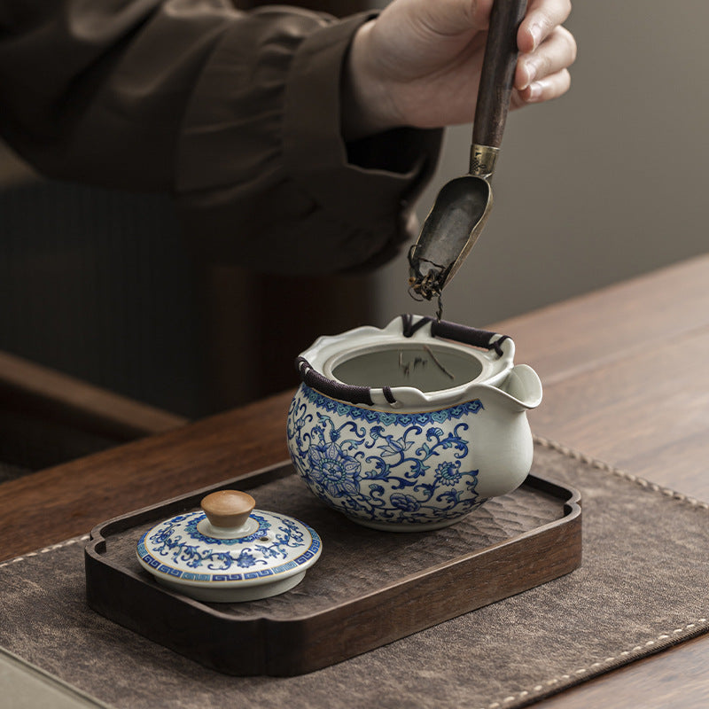 Classic Beige Ru Kiln Blue And White Lotus Ceramic Kung Fu Teapot, Featuring a Hemp Rope Woven Anti-Scald Design. Ideal for Home Or Office Use And Decoration, Perfect As a Holiday Gift for Friends