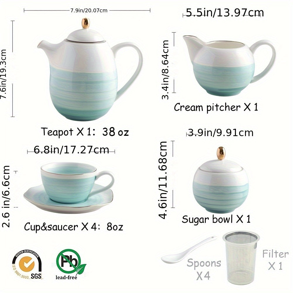 Sweejar Porcelain Tea Sets, 8oz Cups & Saucer Service for 4, Teapot Sugar Bowl Cream Pitcher Teaspoons And Tea Strainer for Adult Tea Coffee Afternoon Party