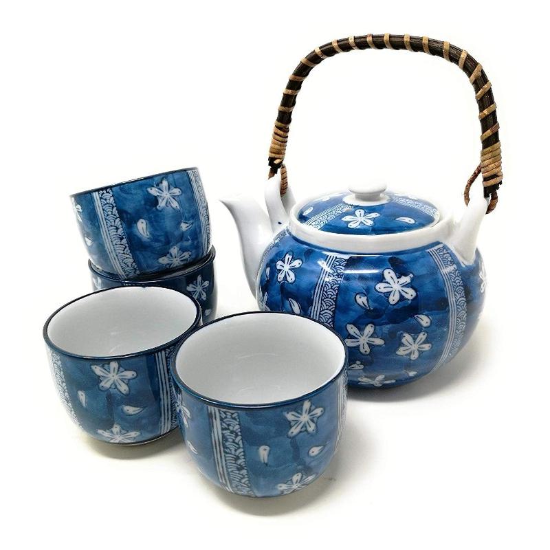 Chinese Japanese Porcelain Tea Set with Blue Flower Design, Handmade Traditional Tea Ceremony Set with Teapot and 4 Teacups
