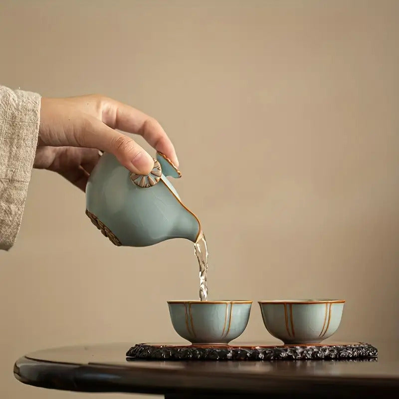 1 Set Portable Travel Tea Set, Outdoor Travel Tea Set, 1 Pot 3 Cups, Teapot, Teacups, Chinese Kung Fu Tea Set, Ceramic Quick Tea Cup, Special Craft High Temperature Production, Ru Kiln Can Crack, Comes with Gift Box