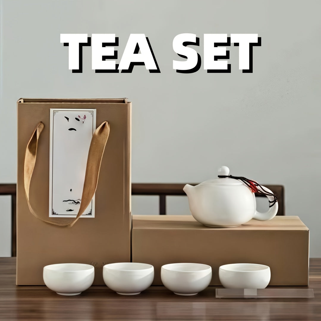 White Heat Resistant Ceramic Tea Set with 1 Teapot and 4 Cups, Kung Fu Portable Travel Outdoor Minimalist Office Japanese Style Tea Cup