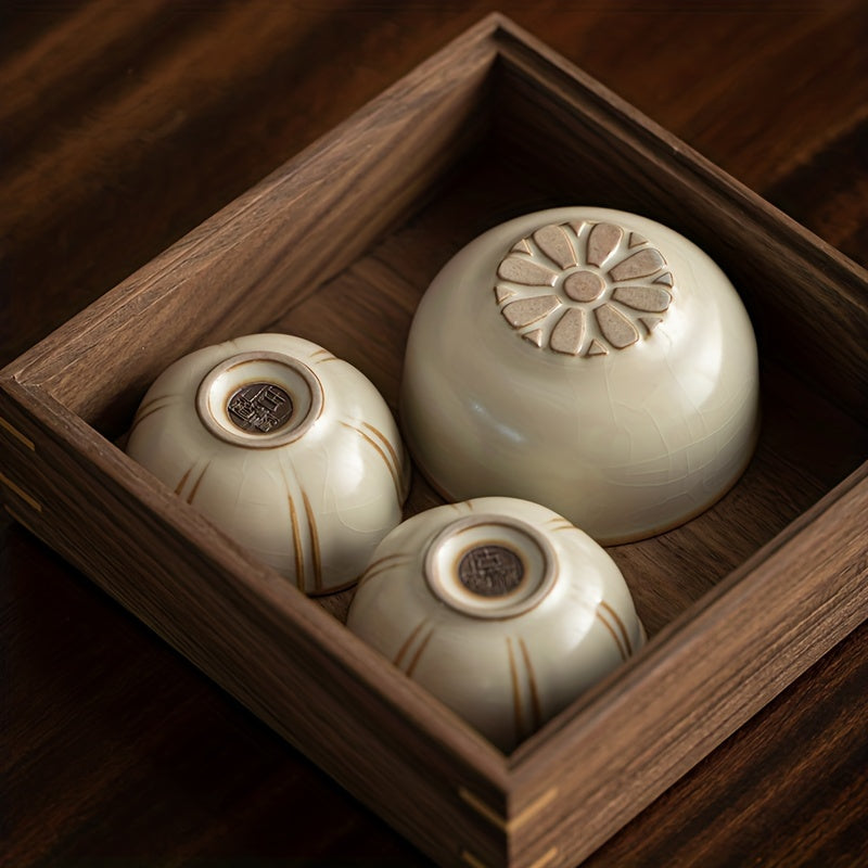 1 Set Portable Travel Tea Set, Outdoor Travel Tea Set, 1 Pot 3 Cups, Teapot, Teacups, Chinese Kung Fu Tea Set, Ceramic Quick Tea Cup, Special Craft High Temperature Production, Ru Kiln Can Crack, Comes with Gift Box