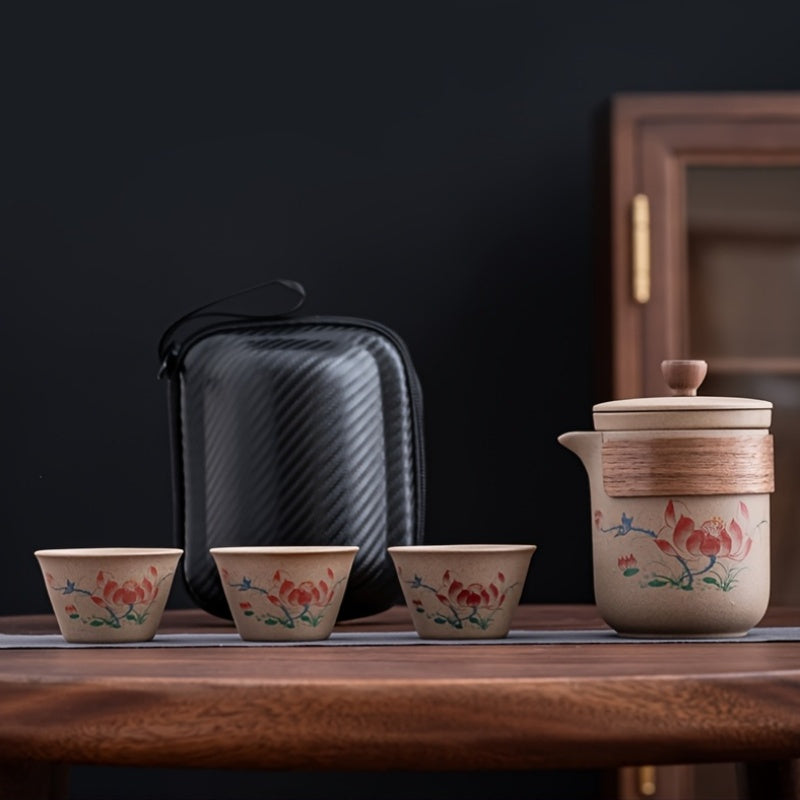 4pcs Coarse Ceramic Quick Cup Set, One Ceramic Bowl, Three Ceramic Cups Travel Tea Set, Portable for Outdoor Camping, Tea Brewing, Business Companion Gift