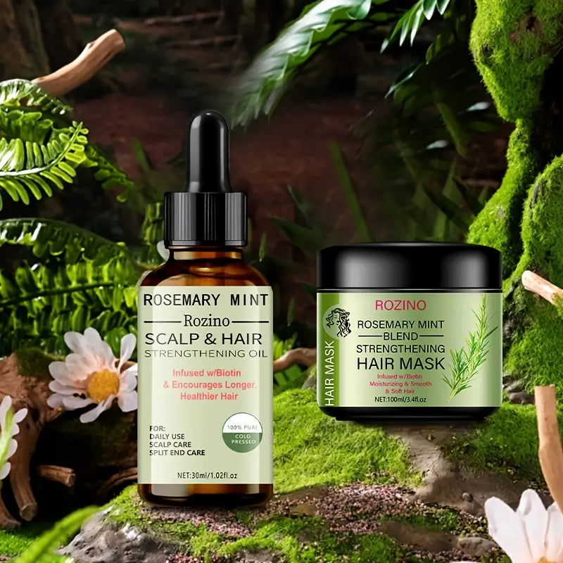 ROZINO Organic Rosemary Hair Mask & Mint Oil Set | Nourishing & Strengthening Treatment for Dry & Damaged Hair, Infused with Biotin & Essential Oils for Deep Conditioning - Haircare