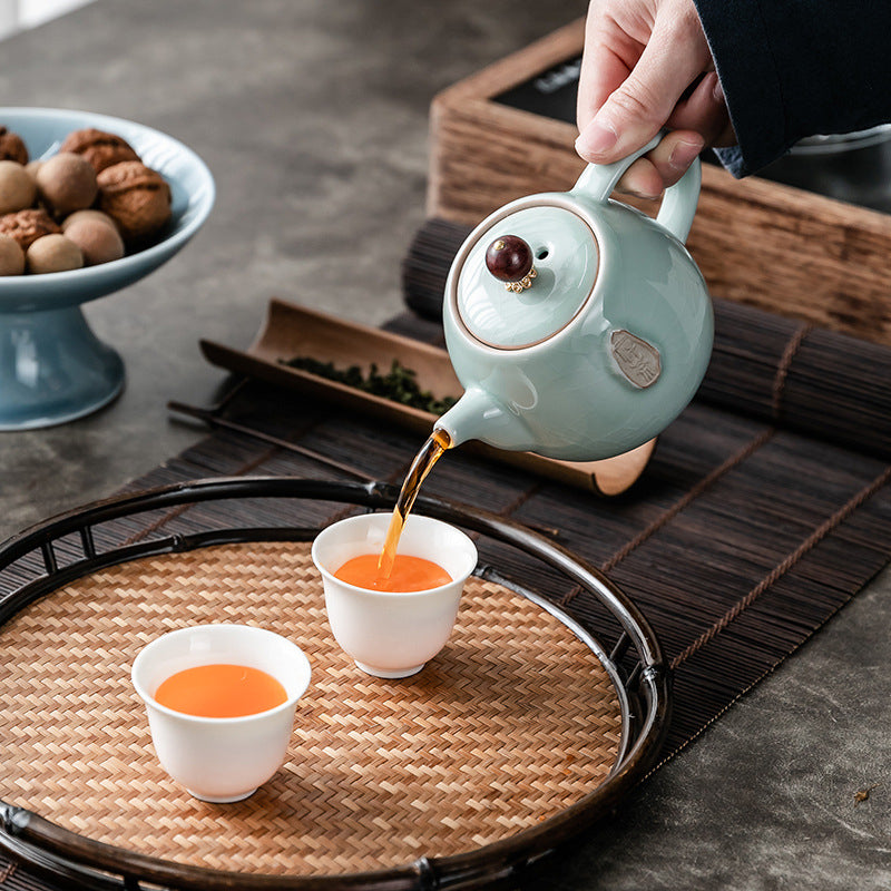 A Vintage Ge Kiln Ceramic Teapot with a Crackled End, Perfect for Creating a Zen-Inspired Tea Ceremony. Great for Decorating And Using at Home, in The Office, Or During Gatherings. an Excellent Gift for The Holidays