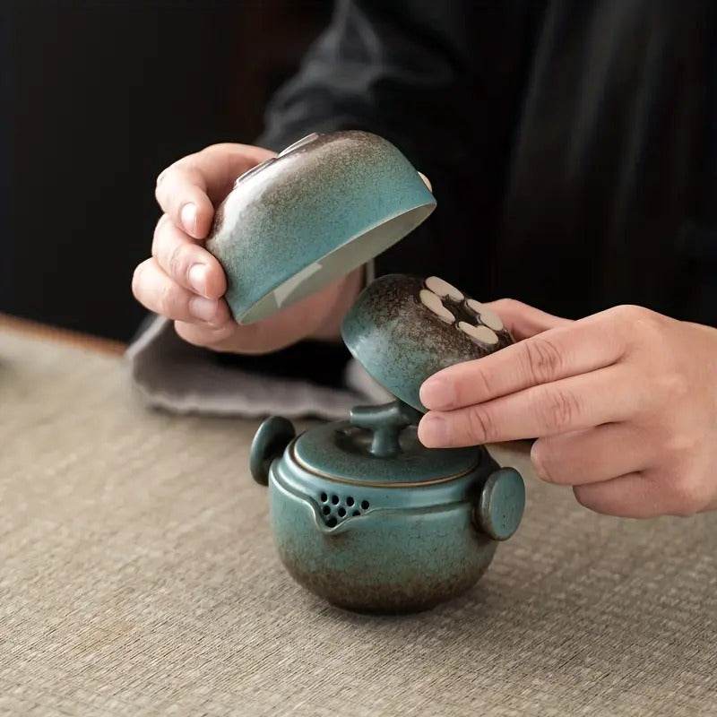 1-Pot & 2-Cup Travel Tea Set - Turquoise Green Porcelain Tea Pot with Matching Lids, Portable Compact Tea Maker for Camping, Business Trips, Elegant Chinese-Style Tea Ceremony Kit with Sturdy Carry Case