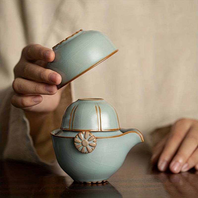 1 Set Portable Travel Tea Set, Outdoor Travel Tea Set, 1 Pot 3 Cups, Teapot, Teacups, Chinese Kung Fu Tea Set, Ceramic Quick Tea Cup, Special Craft High Temperature Production, Ru Kiln Can Crack, Comes with Gift Box