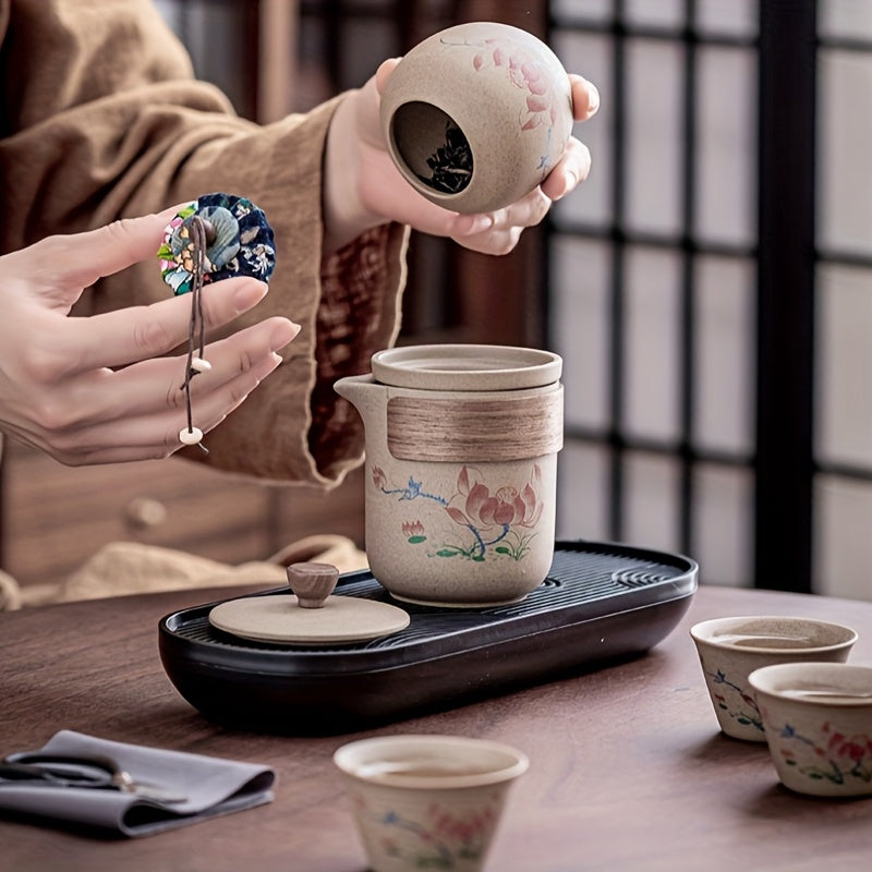 4pcs Coarse Ceramic Quick Cup Set, One Ceramic Bowl, Three Ceramic Cups Travel Tea Set, Portable for Outdoor Camping, Tea Brewing, Business Companion Gift