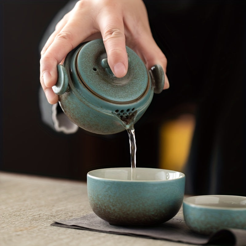 One Pot and Two Cup Set Box, Including Carrying Bag, Peacock Green Color, Portable Travel Tea Set, Outdoor Travel Single Tea Set, Simple Teapot Camping Fast Cup, Carry-on Cup Travel Tea Cup