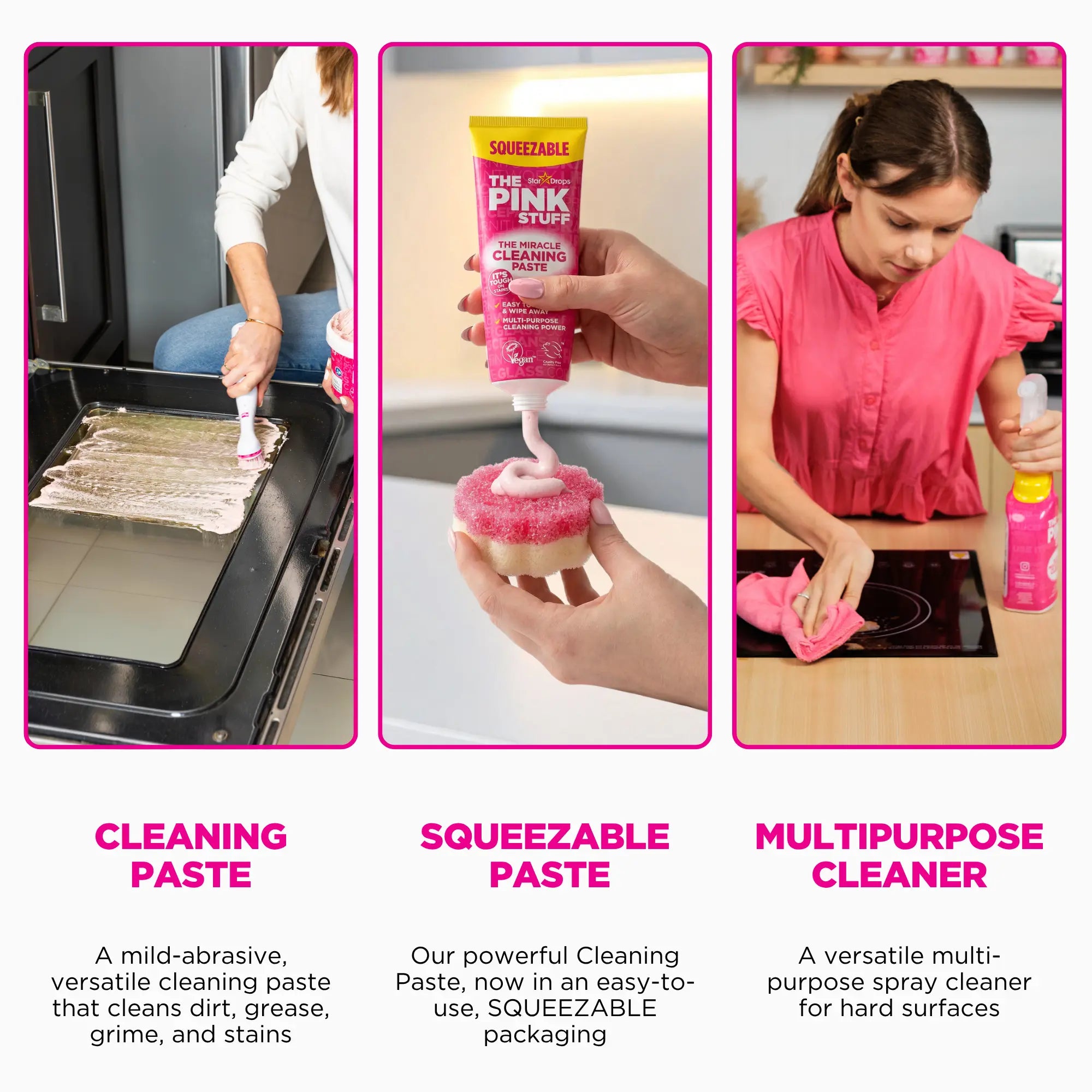 The Pink Stuff Total Home Essential Bundle - Cleaning Paste 500g, Squeezable Cleaning Paste 300g, Multi Purpose Spray 750ml, Bathroom Foam Spray 750ml, Foaming Toilet Powder 2 Pack, SQeeZY Sponge for Full Home Coverage