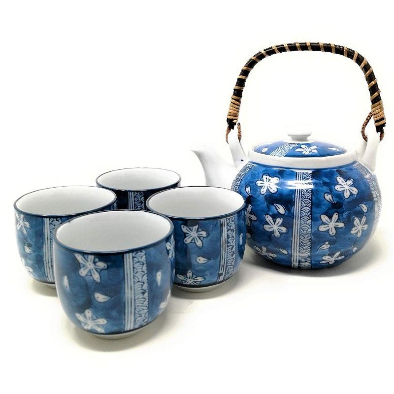 Chinese Japanese Porcelain Tea Set with Blue Flower Design, Handmade Traditional Tea Ceremony Set with Teapot and 4 Teacups
