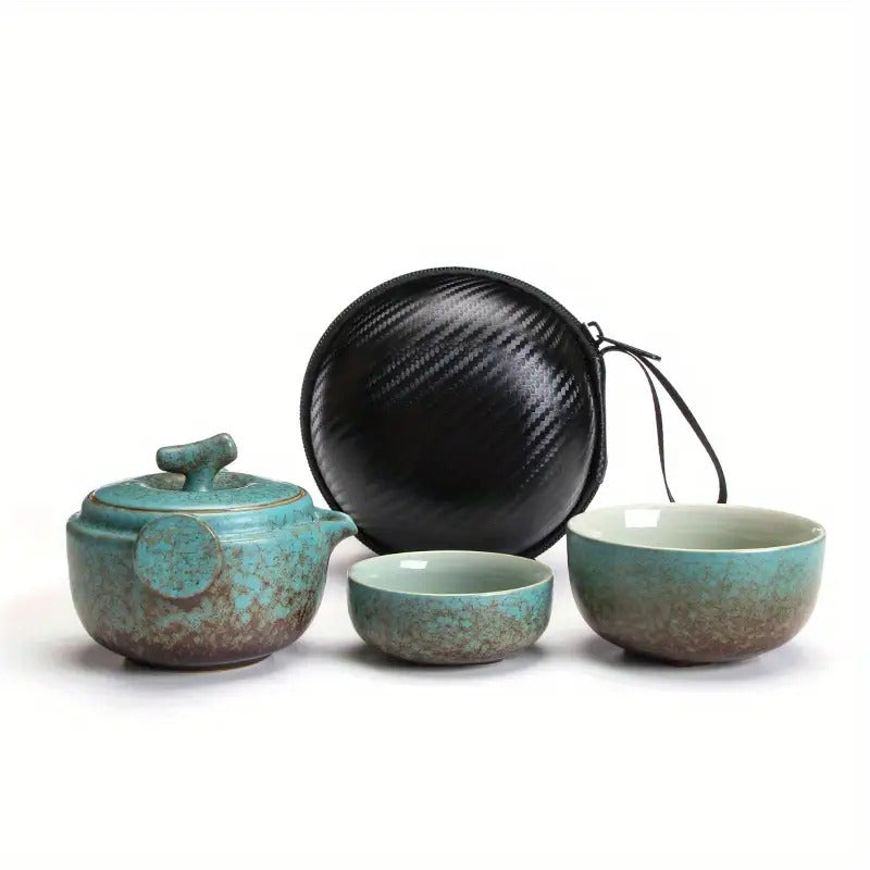 1-Pot & 2-Cup Travel Tea Set - Turquoise Green Porcelain Tea Pot with Matching Lids, Portable Compact Tea Maker for Camping, Business Trips, Elegant Chinese-Style Tea Ceremony Kit with Sturdy Carry Case