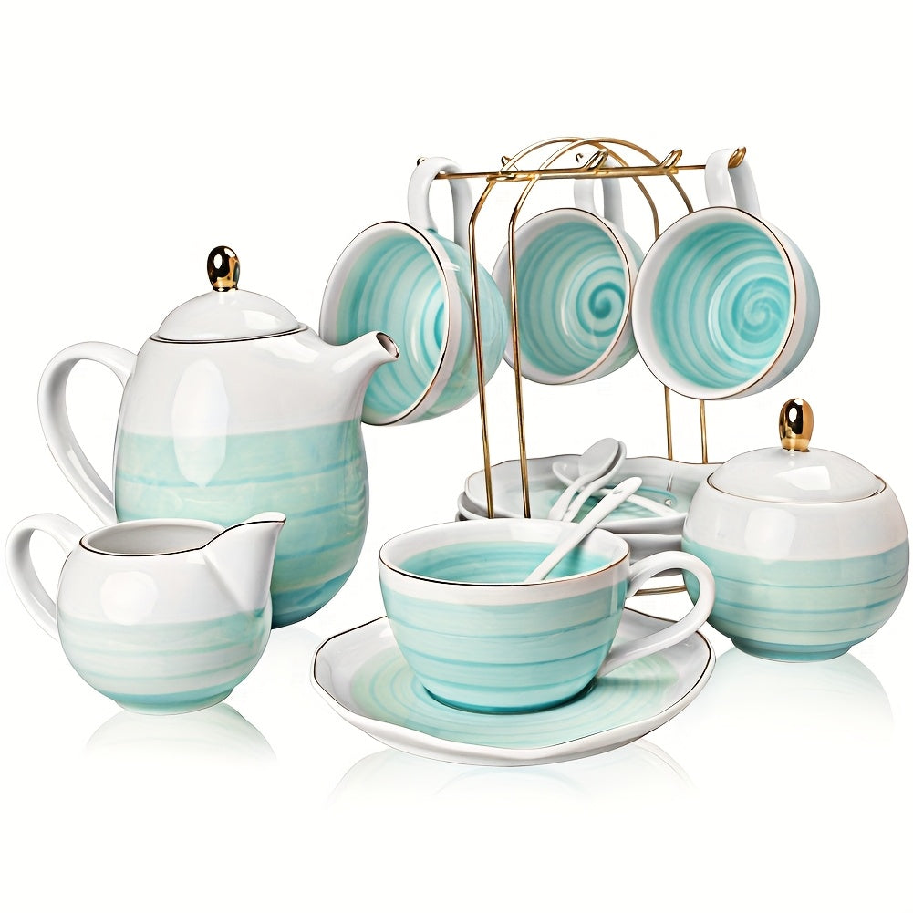 Sweejar Porcelain Tea Sets, 8oz Cups & Saucer Service for 4, Teapot Sugar Bowl Cream Pitcher Teaspoons And Tea Strainer for Adult Tea Coffee Afternoon Party