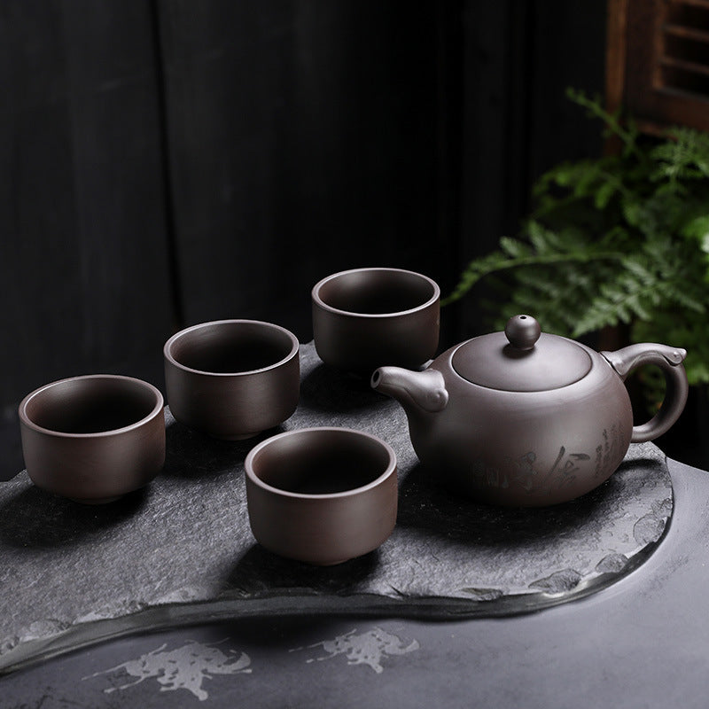 5pcs High-End Purple Sand Tea Set | Full Set of Household Purple Clay Pots, Teacups, Simple Kung Fu Ceramic Tea Set, Made of Earthenware
