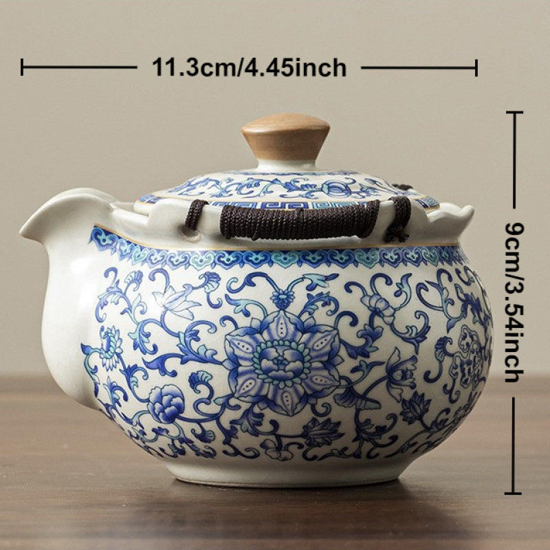Classic Beige Ru Kiln Blue And White Lotus Ceramic Kung Fu Teapot, Featuring a Hemp Rope Woven Anti-Scald Design. Ideal for Home Or Office Use And Decoration, Perfect As a Holiday Gift for Friends