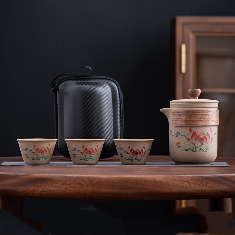 4pcs Coarse Ceramic Quick Cup Set, One Ceramic Bowl, Three Ceramic Cups Travel Tea Set, Portable for Outdoor Camping, Tea Brewing, Business Companion Gift