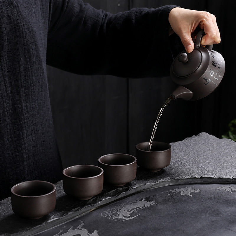 5pcs High-End Purple Sand Tea Set | Full Set of Household Purple Clay Pots, Teacups, Simple Kung Fu Ceramic Tea Set, Made of Earthenware