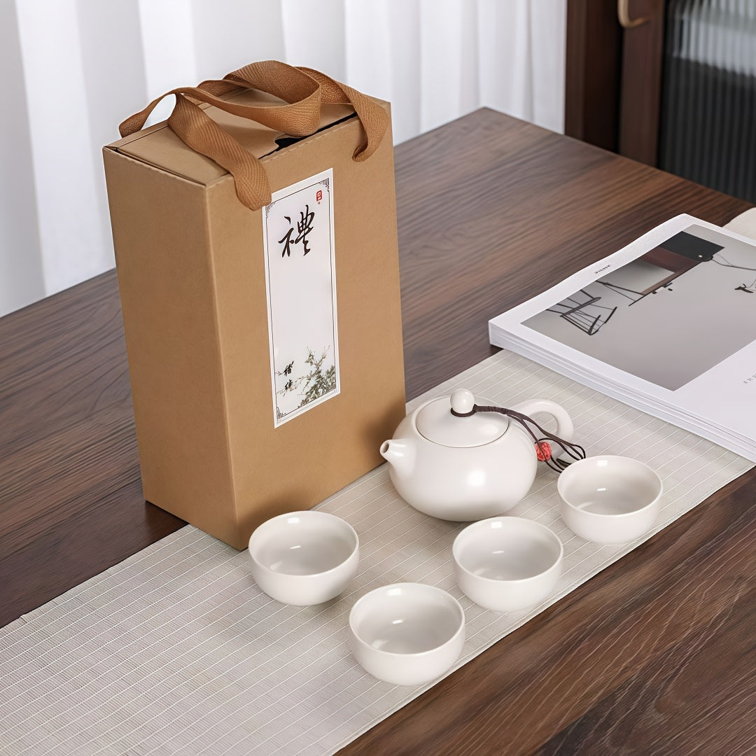 White Heat Resistant Ceramic Tea Set with 1 Teapot and 4 Cups, Kung Fu Portable Travel Outdoor Minimalist Office Japanese Style Tea Cup