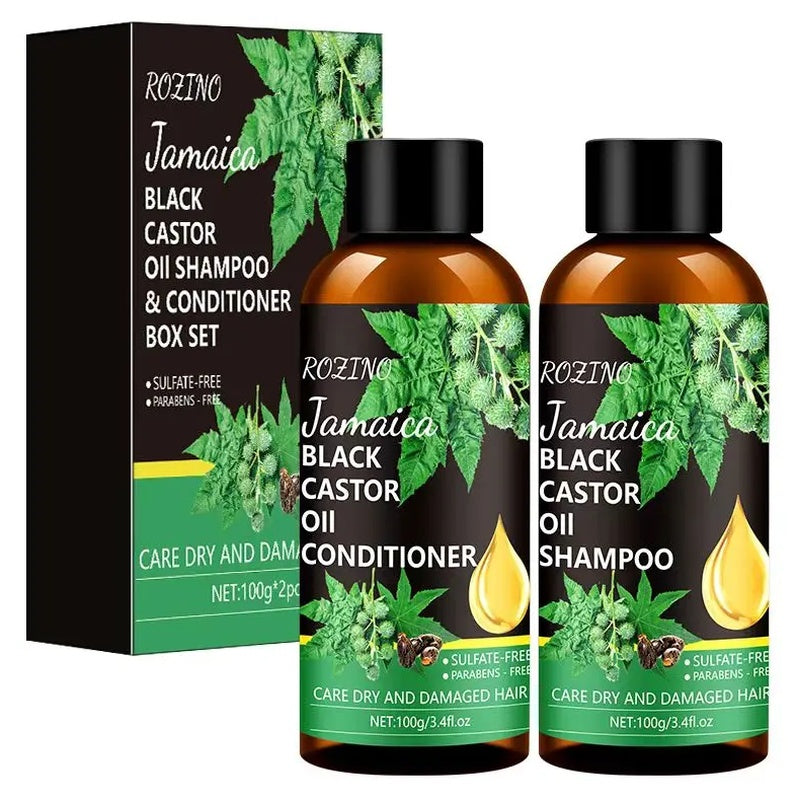 Rozino Jamaica Black Castor Oil Shampoo & Conditioner Set for Dry Damaged Hair Care Cleansing Routine 100g Each Bottle